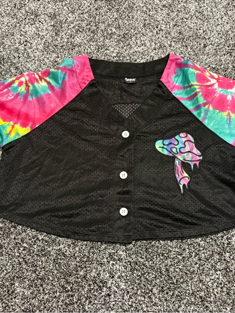 Tie-Dye Sleeve Black Button-Front woman’s Top with mushroom size large